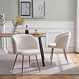 NORDICANA Accent Chairs Set of 2, Fuzzy Sherpa Dining Chairs with Barrel Back, Upholstered Faux Fur Armchairs with Wood Grain Color Metal Leg, Living Room Chairs (Off White)