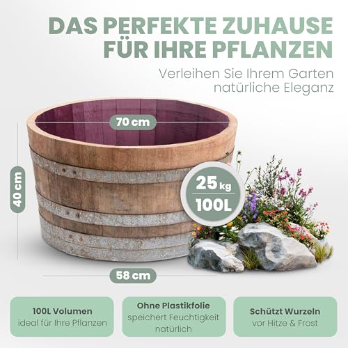 Temesso Holzfass, gebrauchtes Weinfass halbiert aus Eichen-Holz Fass als Pflanzkübel oder Miniteich (D70 H40 cm 100 Liter)