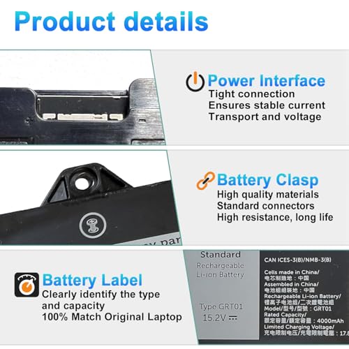 Image of 64Wh GRT01 Laptop Battery Replacement for Dell Latitude 14 5421 5431 15 5521 5531 Precision 3470 3561 3571 3591 Alienware m17 R5 AMD Gaming Series R05P0 05RGW 0P3TJ 00P3TJ VXD57 15.2V 4000mAh 4-cell