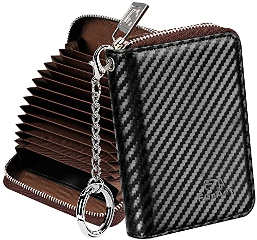 Image of FurArt Zipper Wallet Women, RFID Blocking Credit Card Wallet, Business Card Holder, Compact Size KeyChain Wallet, Carbon Fiber Black, small, Classic