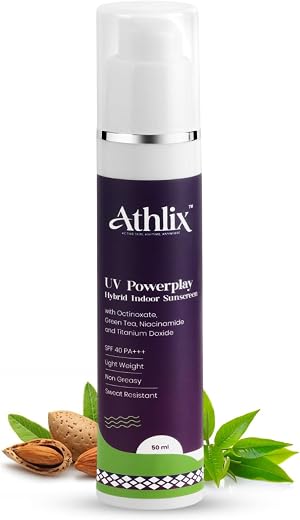 Athlix Sports Zinc based Sunscreen SPF 40 PA+++ with Niacinamide &amp; Green Tea | Sweat-Resistant Lightweight, Non Greasy &amp; N...