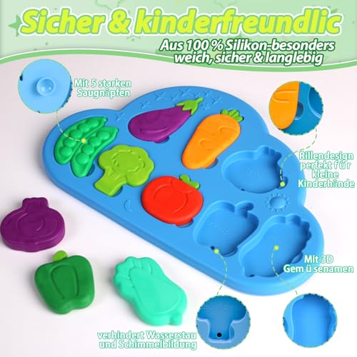 Baby Badespielzeug ab 1 Jahr, 8PCS Silikon Gemüse Montessori Spielzeug ab 1 Jahr, Baby Wasserspielzeug für Badewanne Schwimmspielzeug ab 1 2 3 Jahre Jungen und Mädchen Kinder