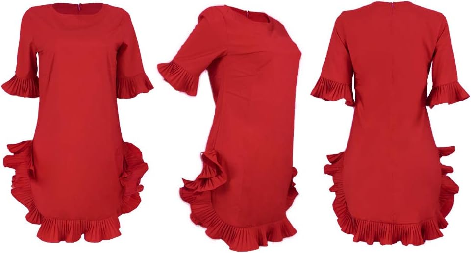 LKOUS Women Short Sleeve Round Neck Ruffles Hem Loose Midi Dresses Casual Short Dress - Image 5