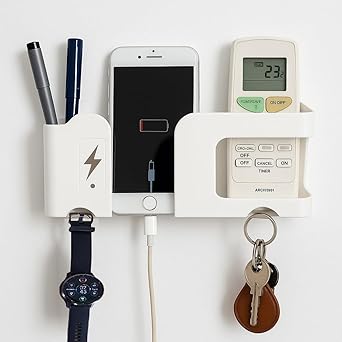 Wall-Mounted Multi‑Purpose Charging Organizer – Mobile Phone & Remote Holder with Pen & Key Hooks, Strong Adhesive, Universal Fit White