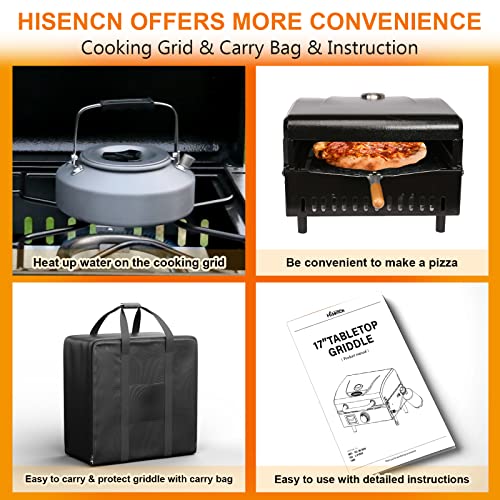 Hisencn Portable Griddle Propane Gas Grill For Outdoor, Camping, Tabletop, Kitchen, Tailgating, Rv - 268 Sq. In. Heavy Duty & 15000 Btus Griddle For Bbq Grill, 17 Inch With Hood, With Carry Bag #TOP5