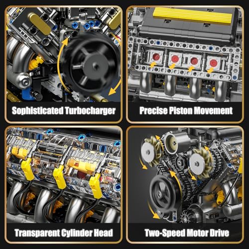 Image of V8 Engine Model Kit that Runs, Visible Mini Car Motor Building Blocks Set for Adults, Compatible with Lego, STEM Physical Science Educational Toy for Teens Boys 14+ (905 PCS)