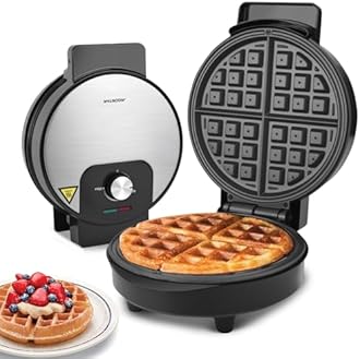 Aigostar Round Waffle Maker with Adjustable Temperature Control, Non Stick Deep Fill Waffle Iron, Belgian & American Waffle Machine, Cool Touch Handle, 1000W, Stainless Steel - Crunchy