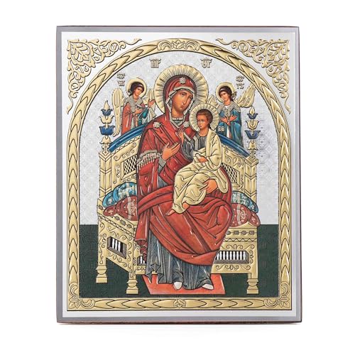 Questa icona in legno mostra una rappresentazione ricca di dettagli della Madre di Dio Tutti i Re, realizzata in stile cristiano tradizionale.