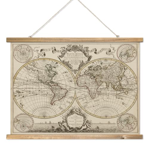 XIAOAIKA Vintage 17th Century World Map Print on Linen with Wooden Hanger, Retro Double Hemisphere Wall Decor for Home and Office, Amsterdam Edition, 29 x 20 Inches
