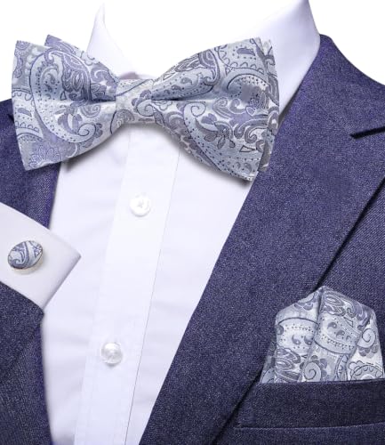 Image of Dubulle Mens Paisley Striped Bowtie Set Pre-tied Bowtie for Men and Pocket Square Set Wedding Business