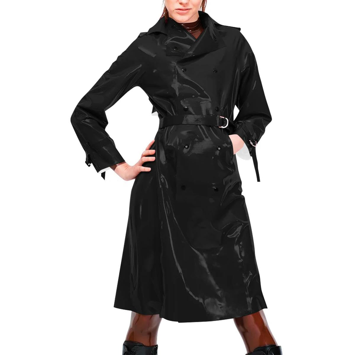 Womens Vinyl PVC Leather Trench Double-breasted Lapel Party Knee-length Coats customizable