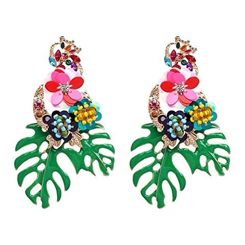 Lureme Colorful Segmented Leaf Dangle Earrings, Zinc Alloy, 2.09 in3.54 in5.3 in9.0 cm, Green Cover