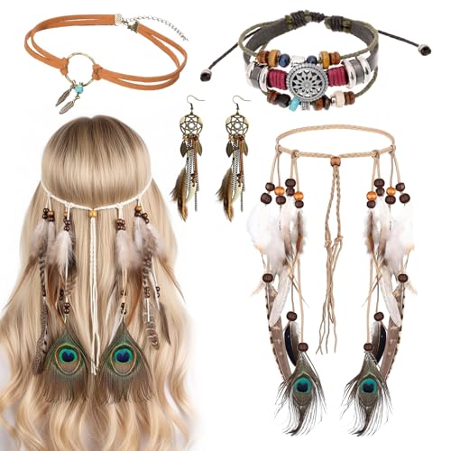 4 Stück Indianer Kopf Schmuck Set, Boho Schmuck Set Damen | Tribal Armband, Halskette, Ohrringe & Stirnband mit Federn | Für Festival, Karneval