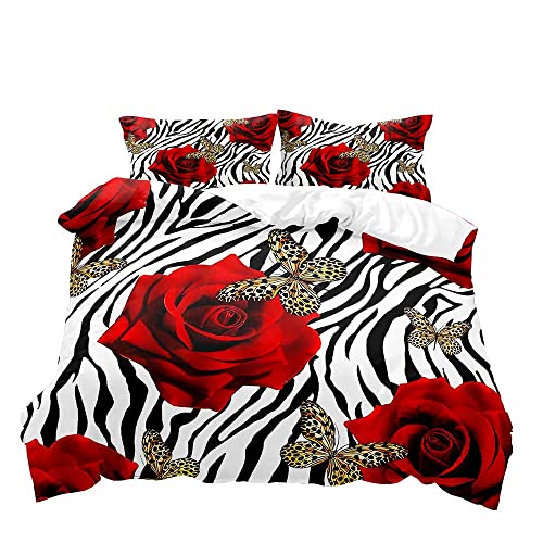 Luvivihome 3Pcs Zebra Print Duvet Cover Queen, Black And White Bedding, Valentine's Day Romantic Red Rose Floral Duvet Cover, Cheetah Leopard Butterfly Comforter Bedspread Quilt Cover, 2 Pillow Shams #TOP19