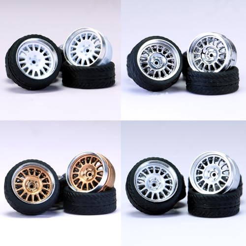 1/64 Wheels and Tires,Real Riders Series,Upgrade Mainline Diecast Model Cars,Diameter is 0.43in, 4 Sets/pack,Multiple Spokes,ABS Wheels with Rubber Tire Rivet Axle Metal Rims(HW-C)