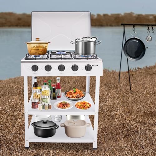 5 Burner Portable Gas Stove with Wind Shield, 2.5KW Natural Gas Cooktop, Ideal for RVs, Apartments & Outdoor Cooking, Includes 2 Storage Shelves for Convenience