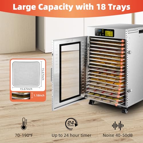 Commercial Food Dehydrator 18 Trays, 2000W Large Capacity 34.42ft² Food Dryer Machine for Jerky, Meat, Fruit, Herbs, Full Stainless Steel Industrial Dehydrater Biltong Maker