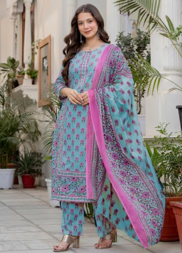 Image of Amayra Women's Pure Cotton Straight Kurta Set with Palazzo Pants & Dupatta|Kurta Set for Women