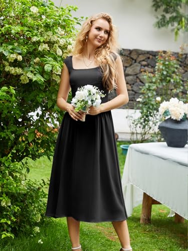 Image of Women's Formal Wedding Guest Dress Square Neck Cocktail Drop Waist Bridesmaid Flowy Midi Dresses with Pockets