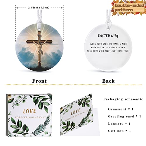 Easter Christian Ornament，Happy Easter Is For Jesus Ornament，Jesus Resurrection Ceramic Ornament，Hanging Keepsake Ceramic For Indoor Outdoor，Spring Ornaments For Tree With Ribbon(Jesus Cross)’(2.9") #TOP5