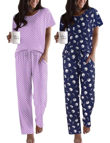 Image of Ekouaer 2 Pack Pajamas for Women Set Short Sleeve Sleepwear Top and Pants Pjs Soft Printed Lounge Sets with Pockets Purple Dots /Navy Blue Moon Small