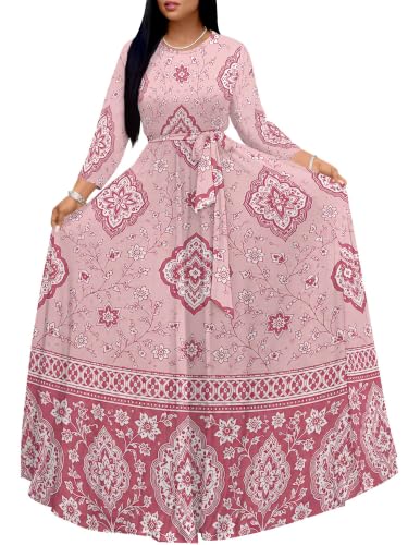 Image of Women Plus Size Long Sleeve V Neck Maxi Dress with Belt | Soft fabric relaxed fit three quarter sleeve v neck with pockets for party and daily wear