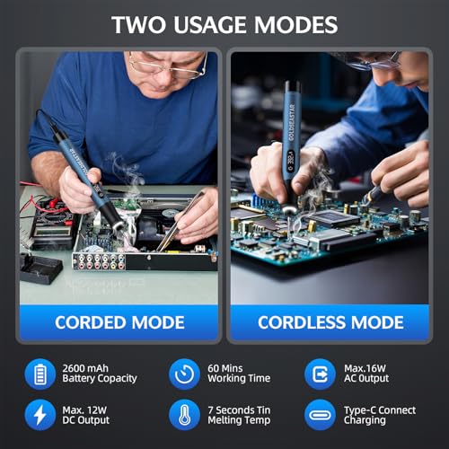 Cordless Soldering Iron Kit - 7s Fast Heating & Auto Sleep, Portable USB-C Rechargeable Welding Pen with 3 Tips (392°F/200°C to 842°F/450°C) for Electronics Repair/DIY/Circuit Board, Blue