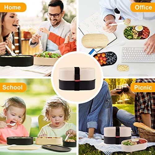 homeasy Bento Box, Lunch Box with Cutlery Set and 2 Sauce Pot, 2 Tiers Bento Lunch Boxes 1200ML Container BPA-Free Food Material Ideal for Adult/Kids/Student, Black
