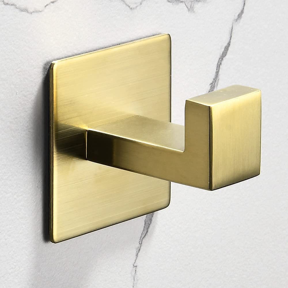 WOLIBEER Gancho autoadhesivo para toalla, color dorado cepillado, paquete de 4 unidades, sin taladrar, gancho de pared adhesivo de acero inoxidable para baño