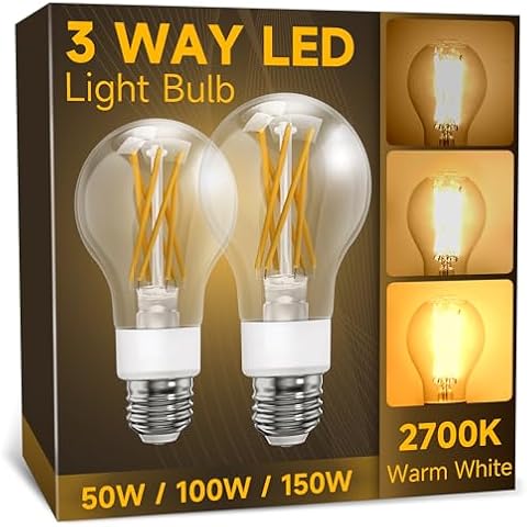 UNILAMP 3 Way Light Bulbs 50 100 150w Equivalent, Soft White 2700K, E26 LED Filament Light Bulbs, Three Way A19 LED Light Bulb with 90+ CRI, Dimmable Warm Light Bulbs, Classic Clear Glass, 2 Pack Cover