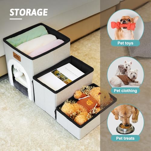 COZY KISS Dog Stairs for Small Dogs with Storage and Condo, 14\" H Foldable Pet Stairs for Small Medium or Puppy Dogs and Older Cats, Dog Steps for Bed or Couch, 13x27x14 inch, 3 Tiers, Grey