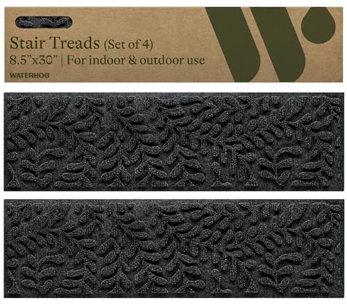 Waterhog Stair Treads (Set of 4) – 8 1/2 x 30 Inches, Durable, Non Slip, Water-Trapping, Indoor/Outdoor Floor Covering, Boxwood Collection – Made in USA, Charcoal