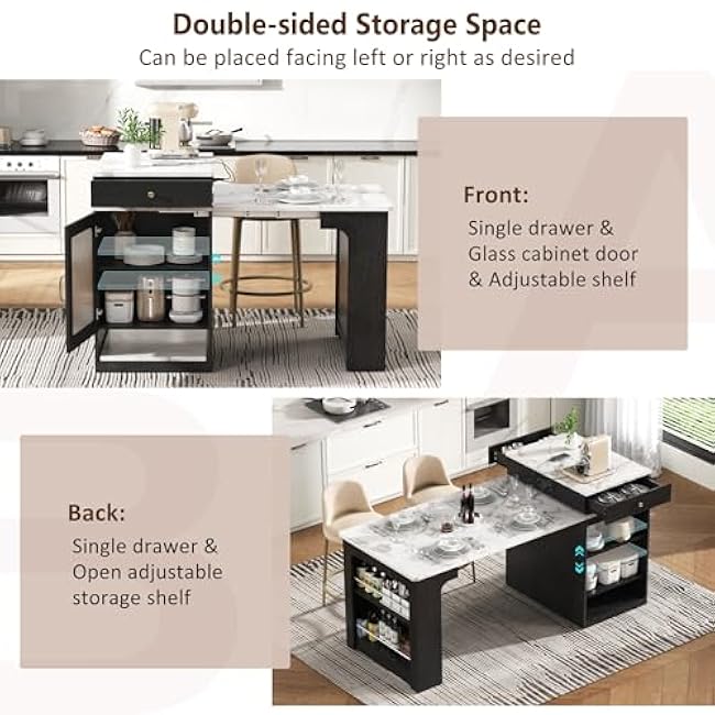 59.5 Kitchen Island with Extendable Dining Table, Double-Sided Storage & Power Outlet, 2 Drawers, Side Open Shelves, Mobile Kitchen Cart for Dining Room,Black-Ea6giKCQ