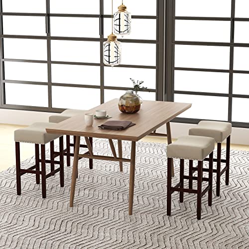 Image of COSTWAY Wooden Saddle Stools Set of 2, 25-inch Backless Counter Chairs with Nailhead Trim, Rubber Wood Frame, Footrest, Max Load 330 Lbs, Upholstered Bar Stools for Kitchen Island, Beige+Brown