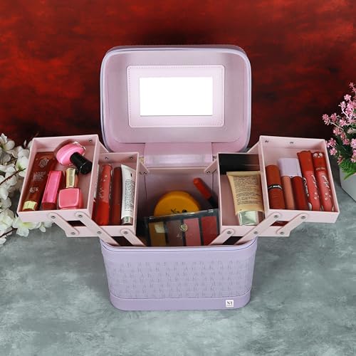 Image of NFI essentials Cosmetic Storage Makeup Bag for Womens Train Case Travel Pouch Organizer Brush Holder Artist Vanity Bridal Trousseau Box for Girls with Silk Scarf Accent