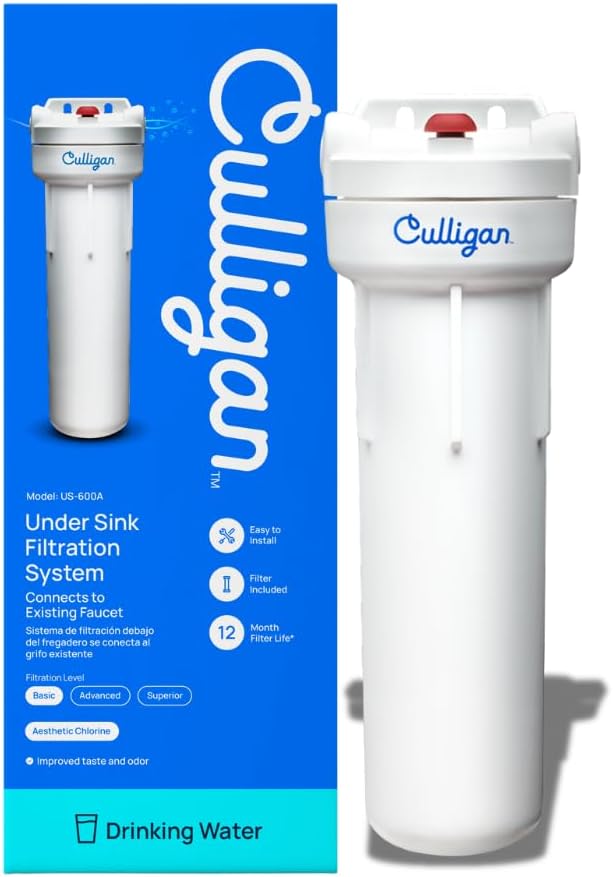 Culligan US-600A Under-Sink Water Filtration System – Water Filter Reduces Chlorine Taste & Odor – Includes D-20A Cartridge, Mounting Hardware & Wrench – 1,000 Gallon Capacity US-600A Under- Sink Drinking Water Filtration System