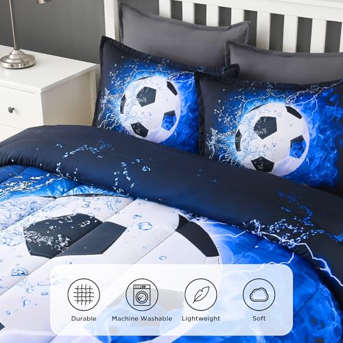 Image of Andency 3D Soccer Comforter Full(79x90 Inch), 3 Pieces(1 Soccer Comforter, 2 Pillowcases) Sport Polyester Bedding Set for Boys Kids Teens