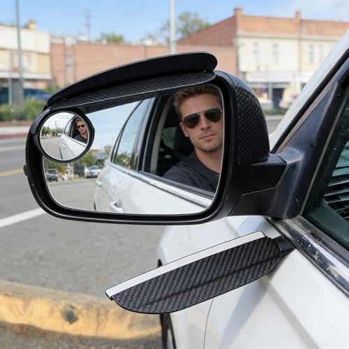 Car Rearview Blind Spot Mirror with Rain Guard, Carbon Fibre, 360° Adjustable HD, Universal Exterior Accessory, 2 Pack (Black) — view 2