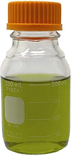 Pyrex 1395-250, botellas redondas de almacenamiento de medios de 8.5 fl oz, con tapón de rosca GL45, 10/cs