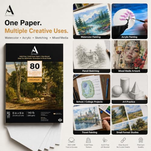 Image of ArtRight Artists' A5 Acrylic Paper Pack of 80 Sheets, 300 GSM; Rough Grain Handmade Sheets for Gouache & Mixed Media (Papers for Acrylic & Gouache Media)