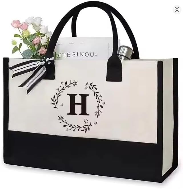 Canvas Tote Bag Personalised Beach Bag Letters Ladies Women Handbag Fashionable Shopping Bags with Large Capacity Gift Bag for Wife Mum Teacher Wedding Birthday Holiday