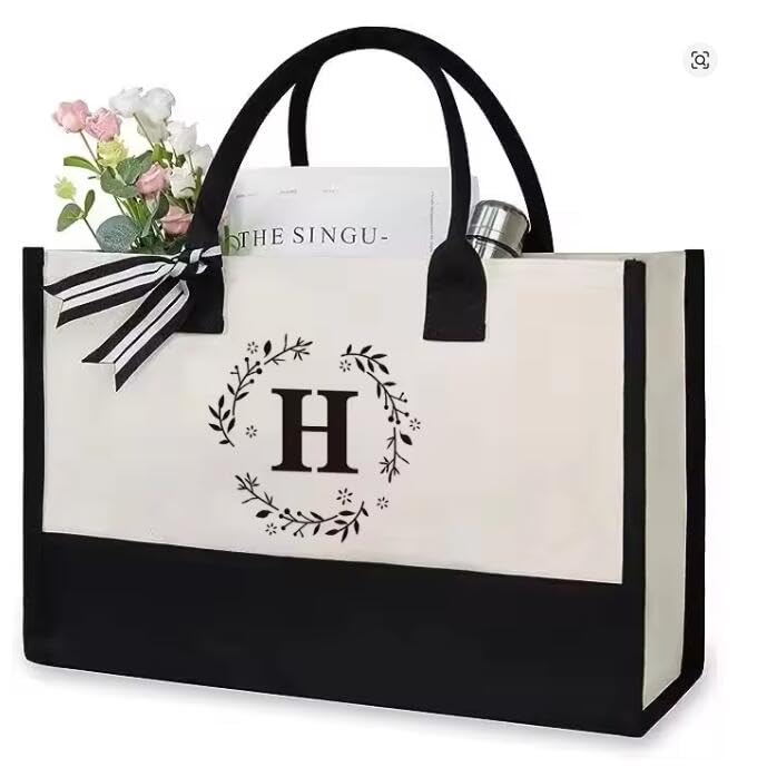 Canvas Tote Bag Personalised Beach Bag Letters Ladies Women Handbag Fashionable Shopping Bags with Large Capacity Gift Bag for Wife Mum Teacher Wedding Birthday Holiday