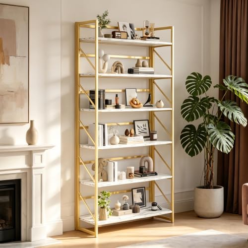 Image of JSB 6 Tier No Assembly Folding Bookshelf, 30.7 inch Wide Foldable Storage Bookcase for Home Office, Space-Saving Storage Shelf for Living Room (White&Gold)