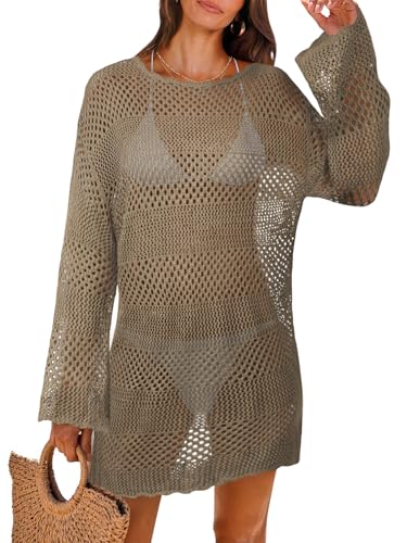 MixShe Beach Vacation Clothes for Women 2025 Fashion Cover up Summer Dresses Crochet Swim Suits Womens Bathing Outfits Khaki Large