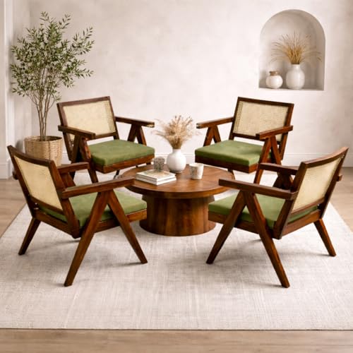 Image of Sainistree Furniture | Solid Sheesham Wood Rattan Armchair | Teak Brown Finish, Cane Back & Geen Upholstery | Mid-Century Modern Accent Chair for Living /Dining Room (Pair of 4- Natural and Green)