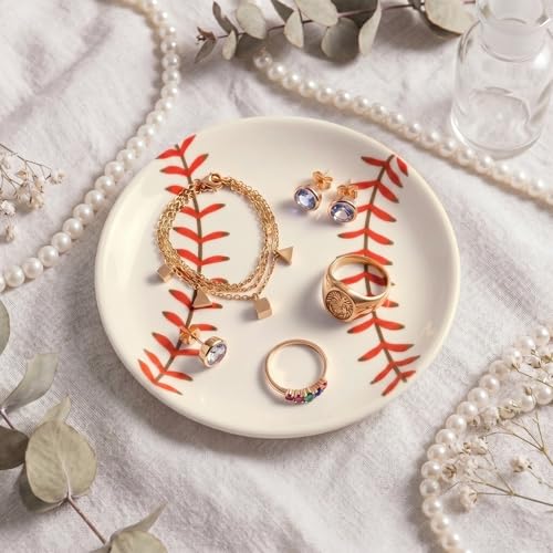 Qunclay Baseball Jewelry Dish Tray Ceramic Trinket Plate Ring Holder Bowl with Red Stitch Design, Decorative Key Catchall Organizer for Earrings Necklaces, Sports Gift for Baseball Lovers 4.3 Inch