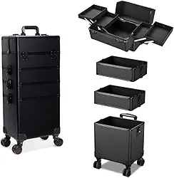 Maleta Mala de Maquiagem Profissional Com Divisórias e Rodinha 360 Graus 4 Andar Preta MS814 914P