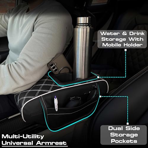 Image of Carigiri Nappa Leatherette,Foam ComfiRest Pro Car Armrest Cushion with Cup Holder| Arm Cushion| Universal for All Cars|Armrest with Mobile Holder (White,Utility Pockets,Dual Cup Holder,Mobile Holder)