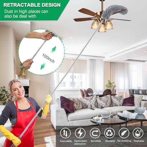 Image of 3 Pcs Extendable Microfiber Feather Duster, Electrostatic Bendable Head, Up to 100 Inch Feather Dusters for Cleaning Ceiling Fan, Cobweb, Wall, Furniture