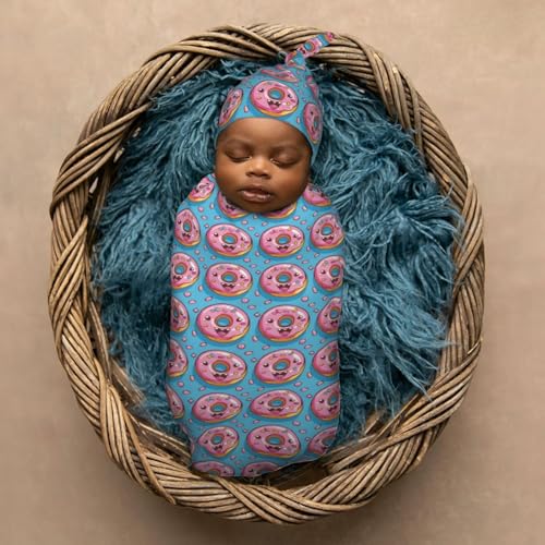 Image of Happy Doughnuts Newborn Swaddle Blankets Hat Sets Soft Baby Receiving Blanket Swaddle Sack for Baby Shower Infant Boy Girl Gift